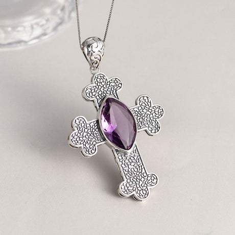 925 Silver Cross Amethyst Necklace Pendant March Birthday gift